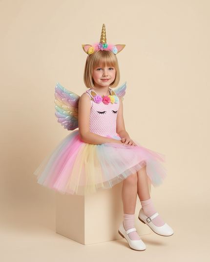 pink unicorn costume tutu dress set - sitting