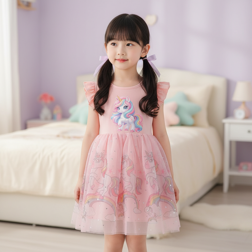 pink unicorn cotton dress - detail