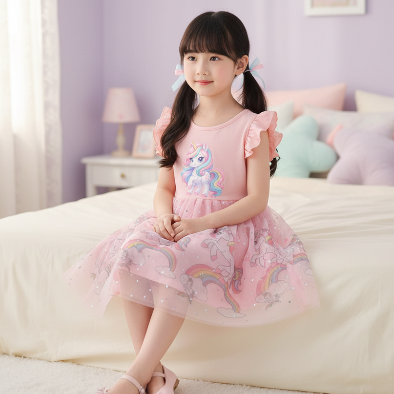 pink unicorn cotton dress - sitting