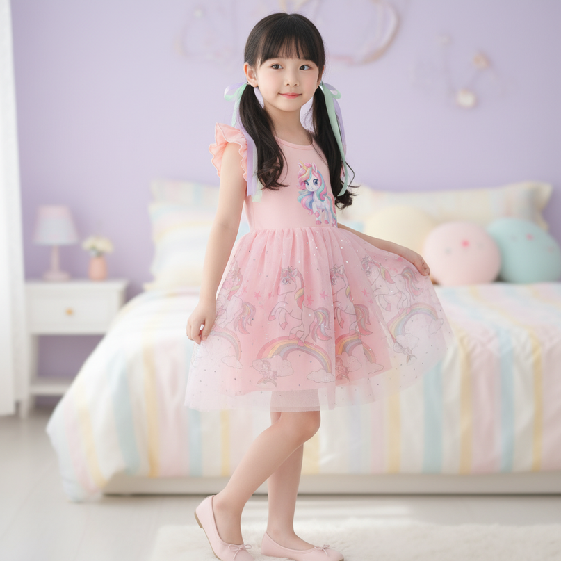 pink unicorn cotton dress - three-quarter