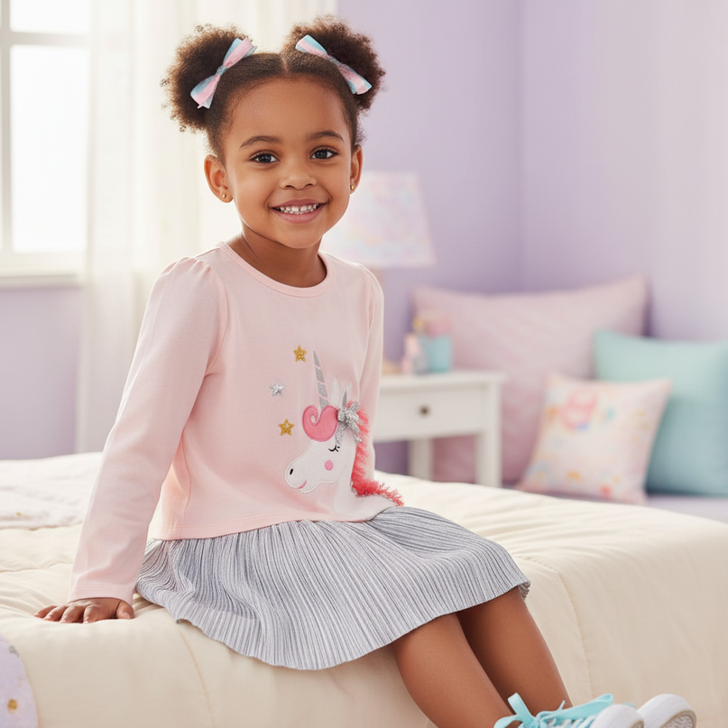 pink unicorn cotton dress v2 - sitting