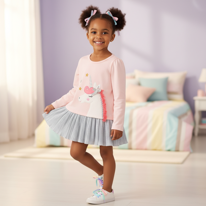 pink unicorn cotton dress v2 - three-quarter