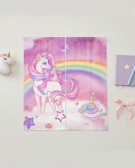 pink unicorn curtains - flat-lay