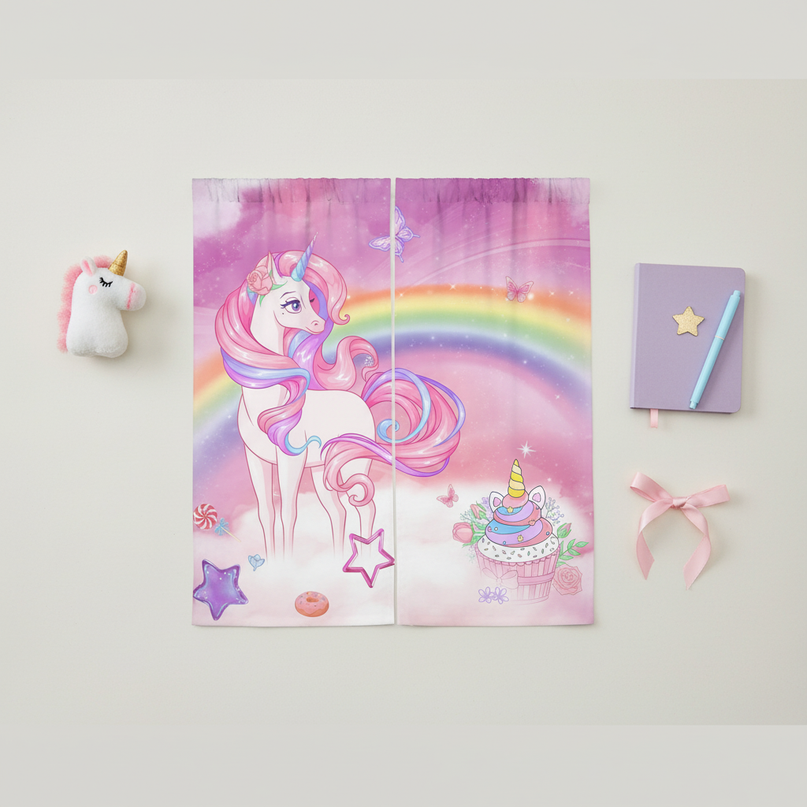 pink unicorn curtains - flat-lay