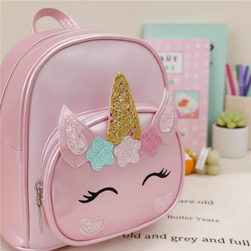 pink unicorn custom name school backpack - detail