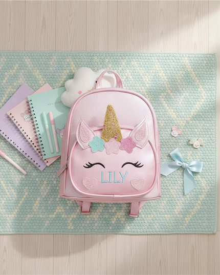 pink unicorn custom name school backpack - flat-lay