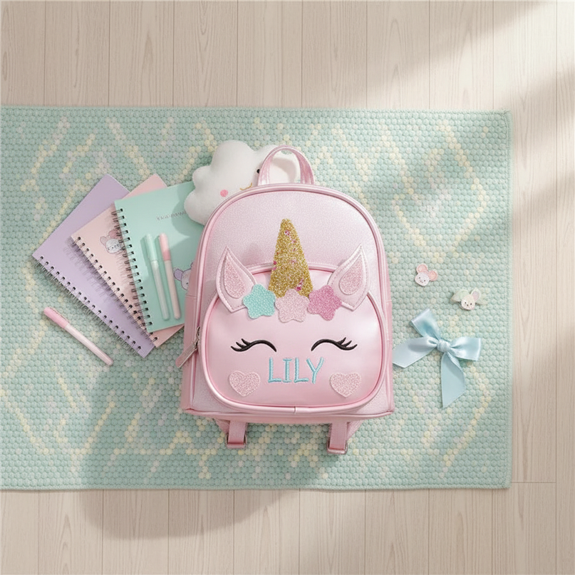 pink unicorn custom name school backpack - flat-lay