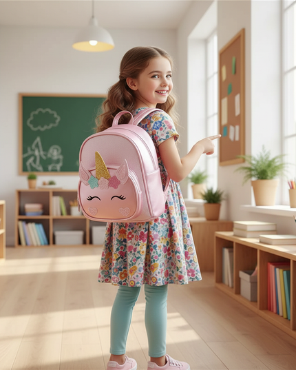 pink unicorn custom name school backpack - in-use