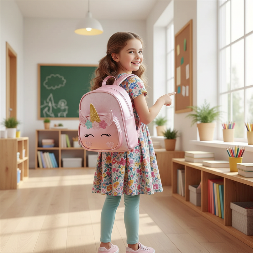 pink unicorn custom name school backpack - in-use