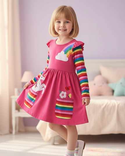 pink unicorn dress girls - three-quarter