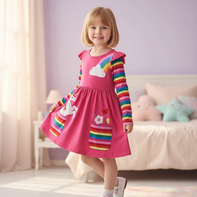 pink unicorn dress girls - three-quarter