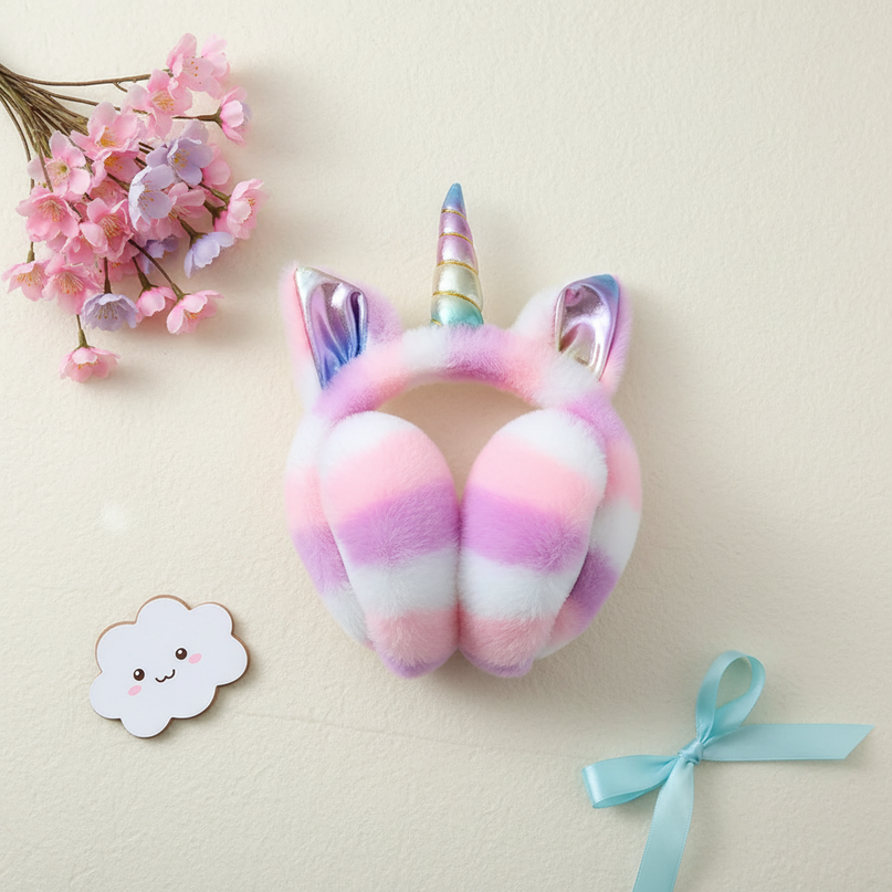 pink unicorn earmuffs - flat-lay