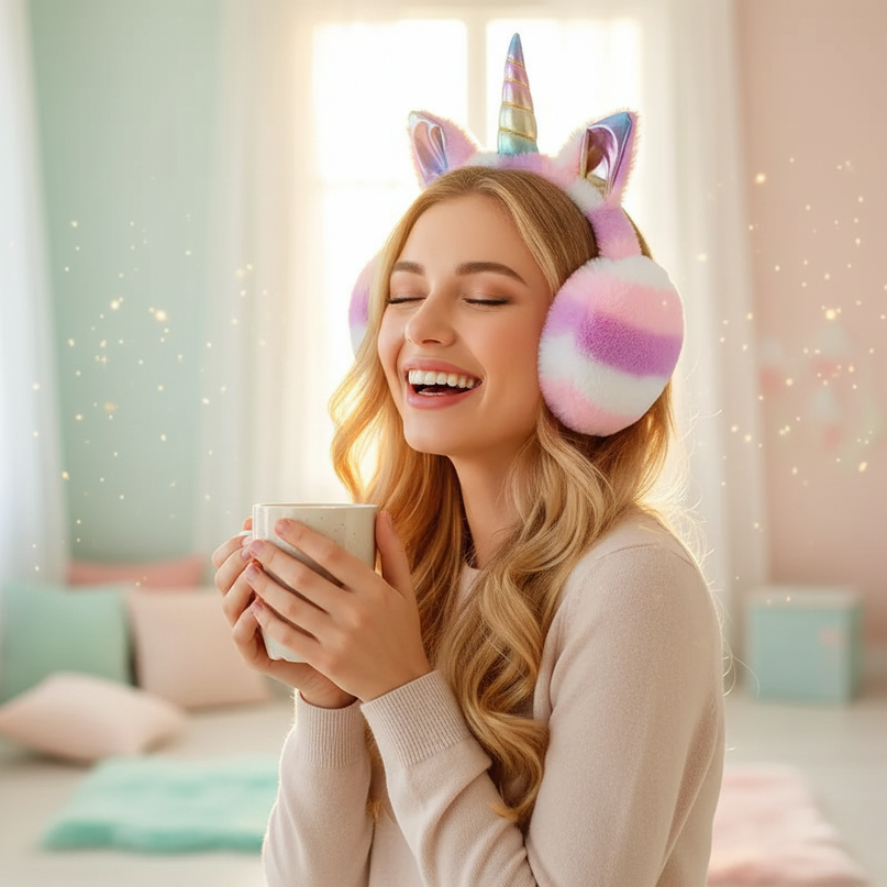 pink unicorn earmuffs - in-use