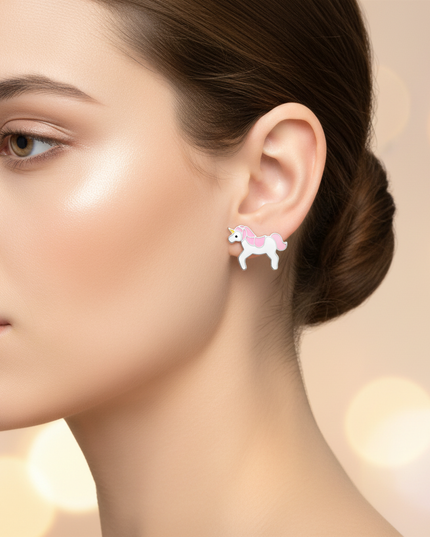 pink unicorn earrings - in-use