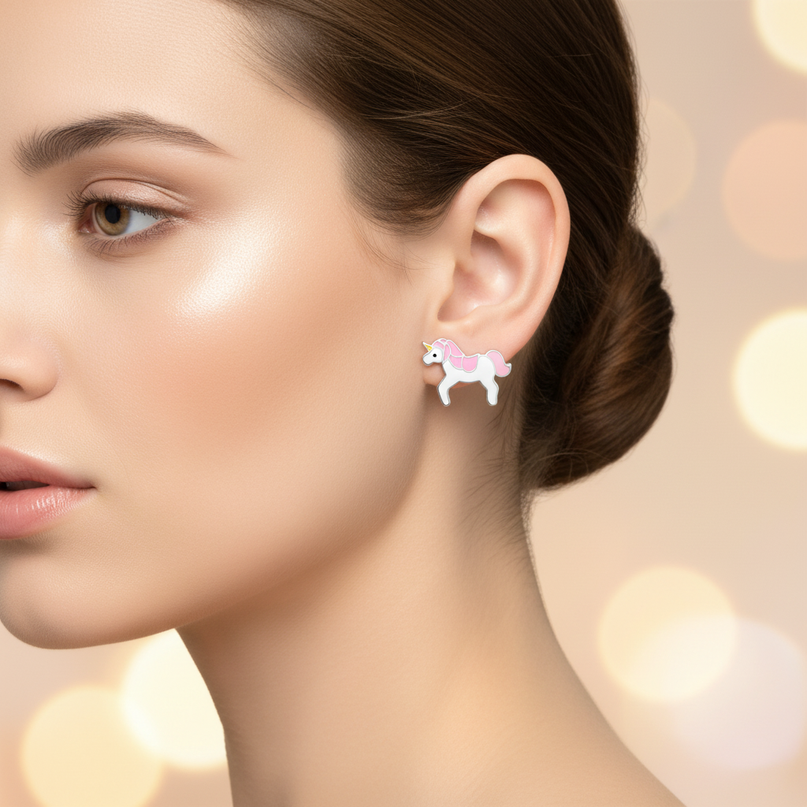 pink unicorn earrings - in-use