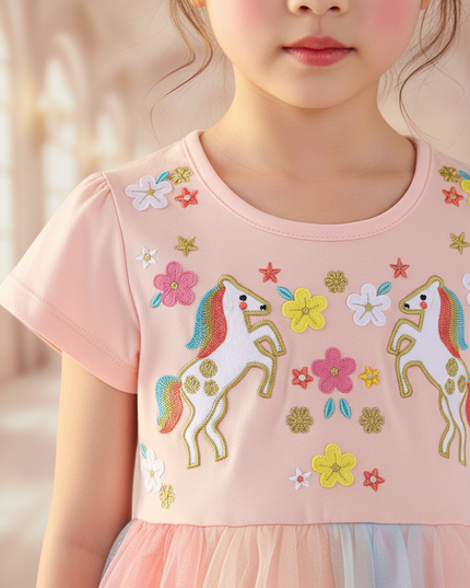 pink unicorn embroidered flower dress - detail