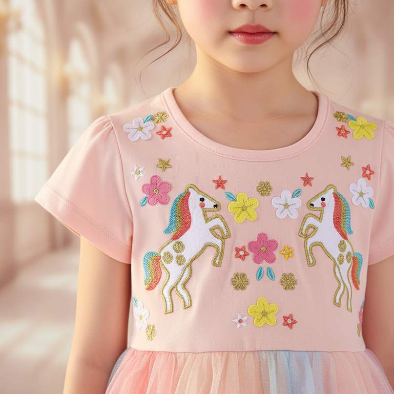 pink unicorn embroidered flower dress - detail
