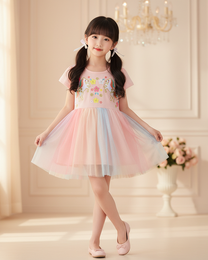 pink unicorn embroidered flower dress - front