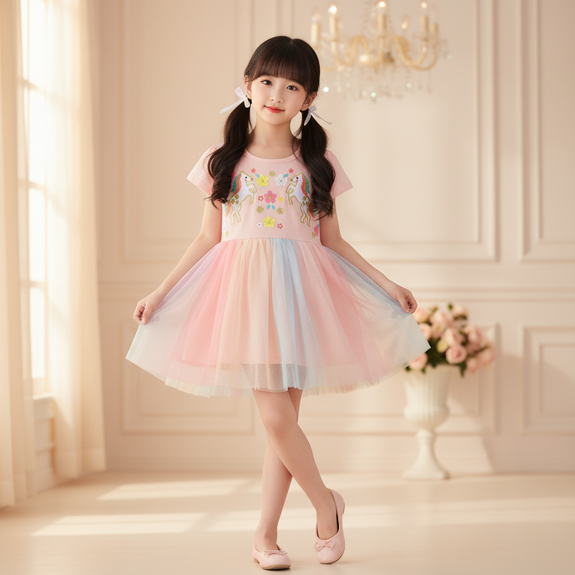 pink unicorn embroidered flower dress - front