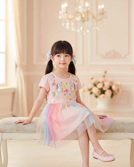 pink unicorn embroidered flower dress - sitting