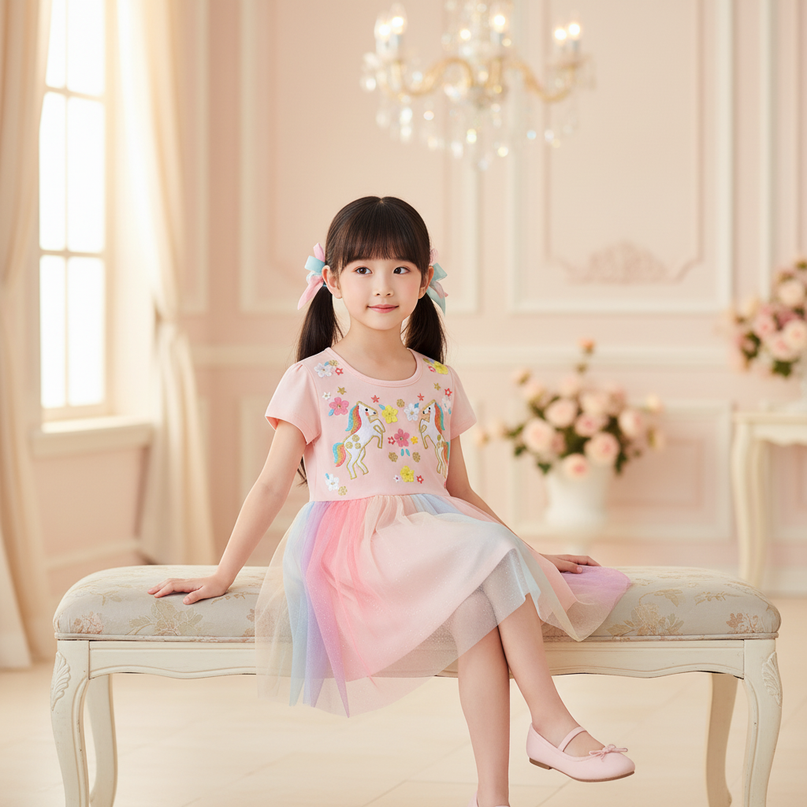 pink unicorn embroidered flower dress - sitting