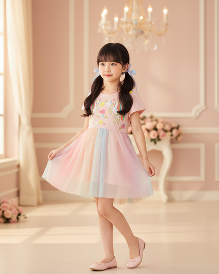 pink unicorn embroidered flower dress - three-quarter