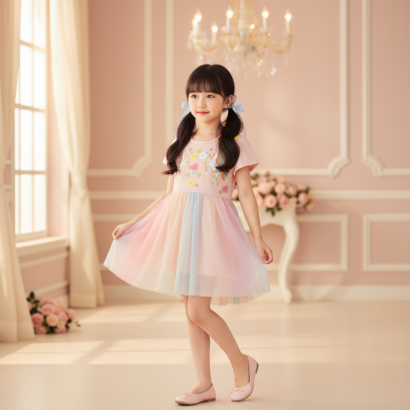 pink unicorn embroidered flower dress - three-quarter