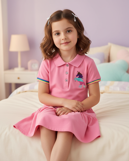 pink unicorn embroidery dress - sitting