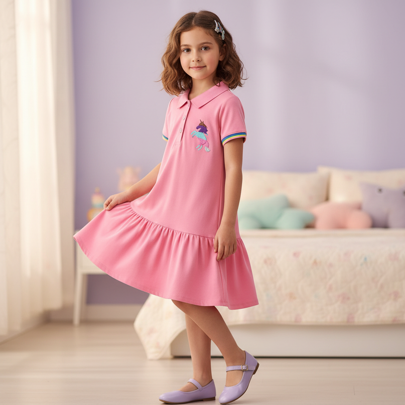 pink unicorn embroidery dress - three-quarter