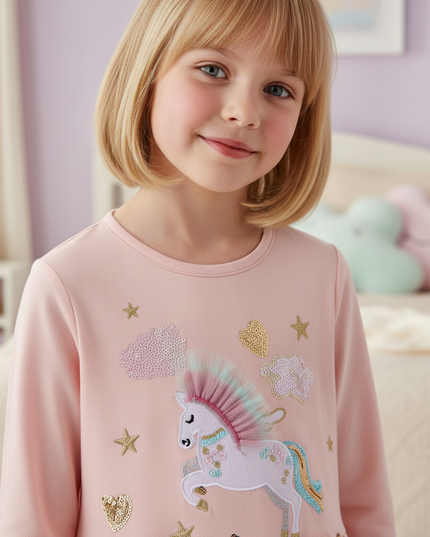 pink unicorn embroidery long sleeve dress - detail