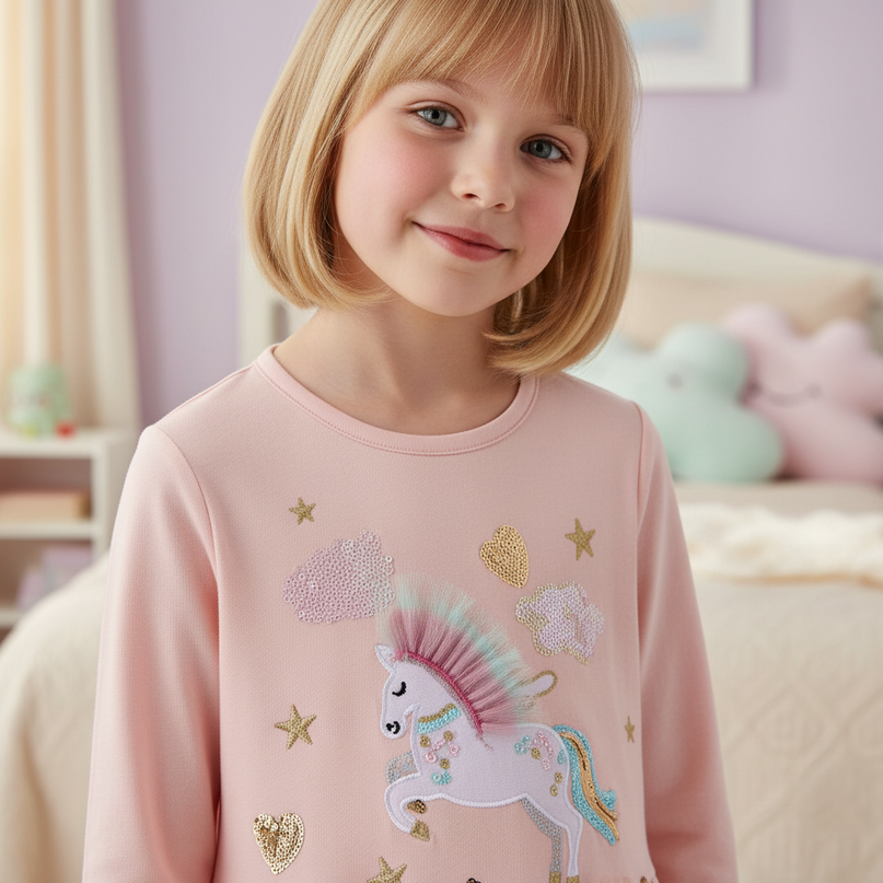 pink unicorn embroidery long sleeve dress - detail
