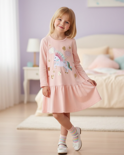 pink unicorn embroidery long sleeve dress - front