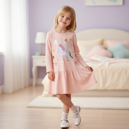 pink unicorn embroidery long sleeve dress - front
