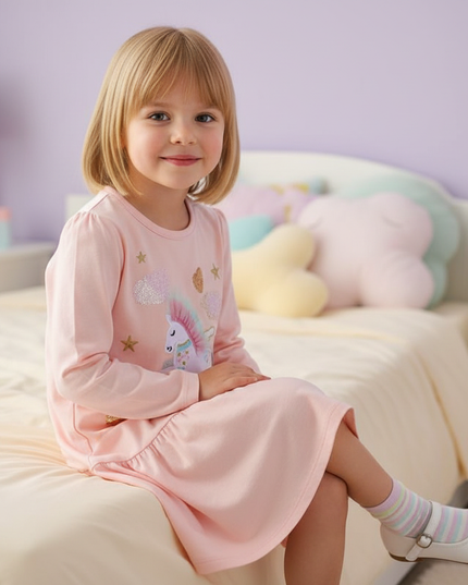 pink unicorn embroidery long sleeve dress - sitting
