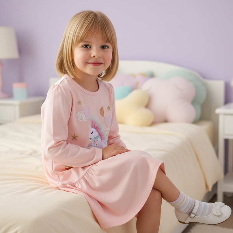 pink unicorn embroidery long sleeve dress - sitting