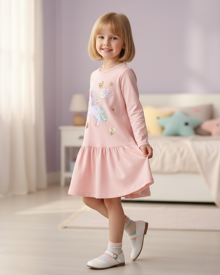 pink unicorn embroidery long sleeve dress - three-quarter