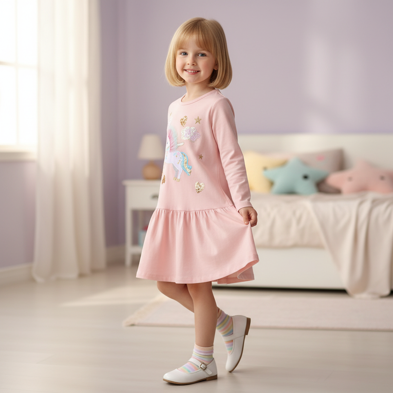pink unicorn embroidery long sleeve dress - three-quarter
