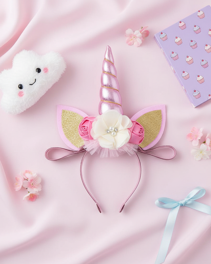 pink unicorn floral headband - flat-lay