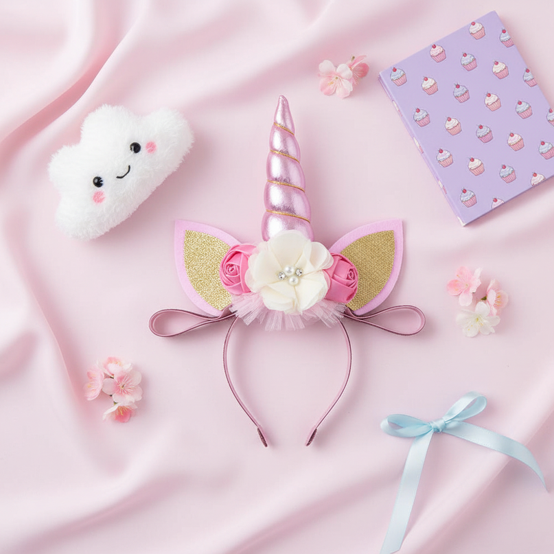 pink unicorn floral headband - flat-lay