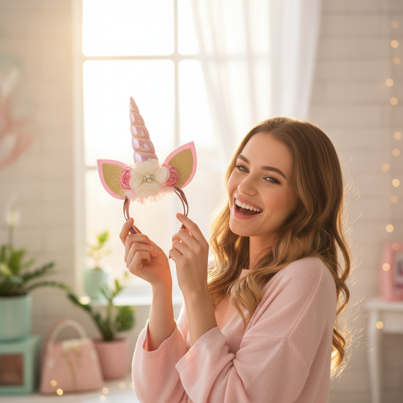 pink unicorn floral headband - in-use