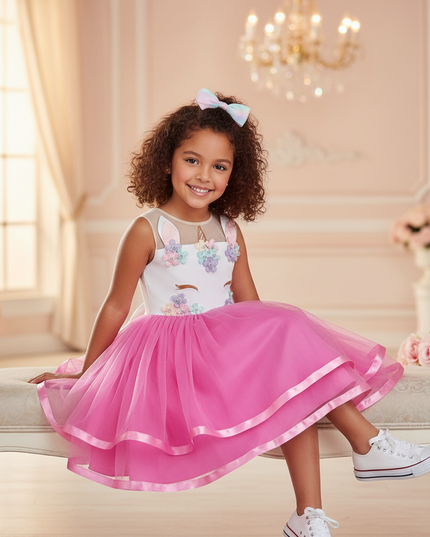 pink unicorn flower ball gown dress - sitting