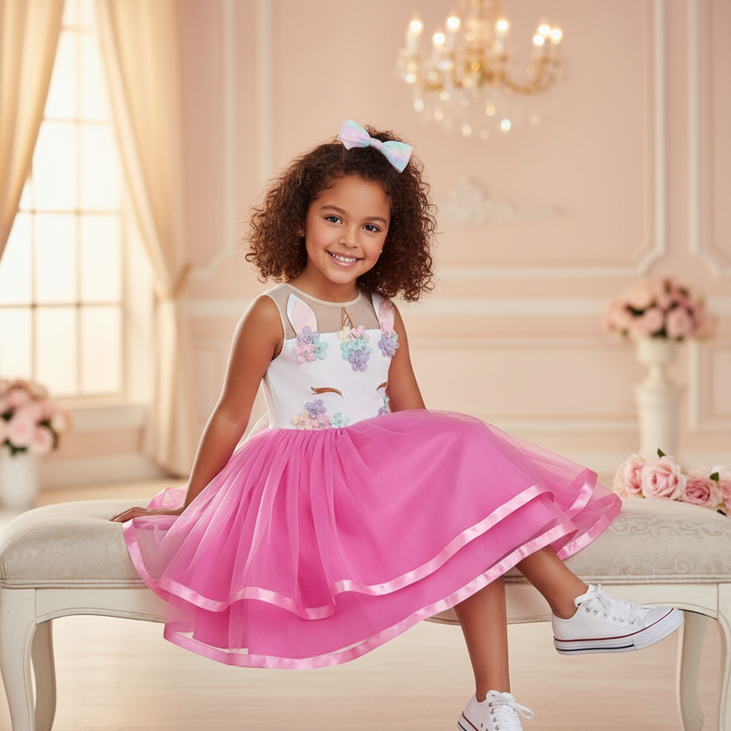 pink unicorn flower ball gown dress - sitting