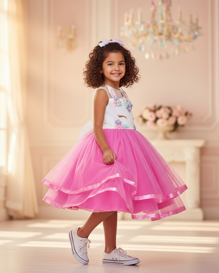 pink unicorn flower ball gown dress - three-quarter