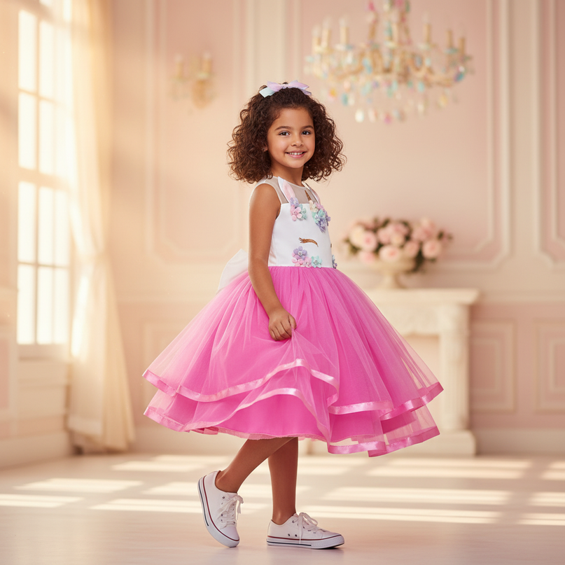 pink unicorn flower ball gown dress - three-quarter
