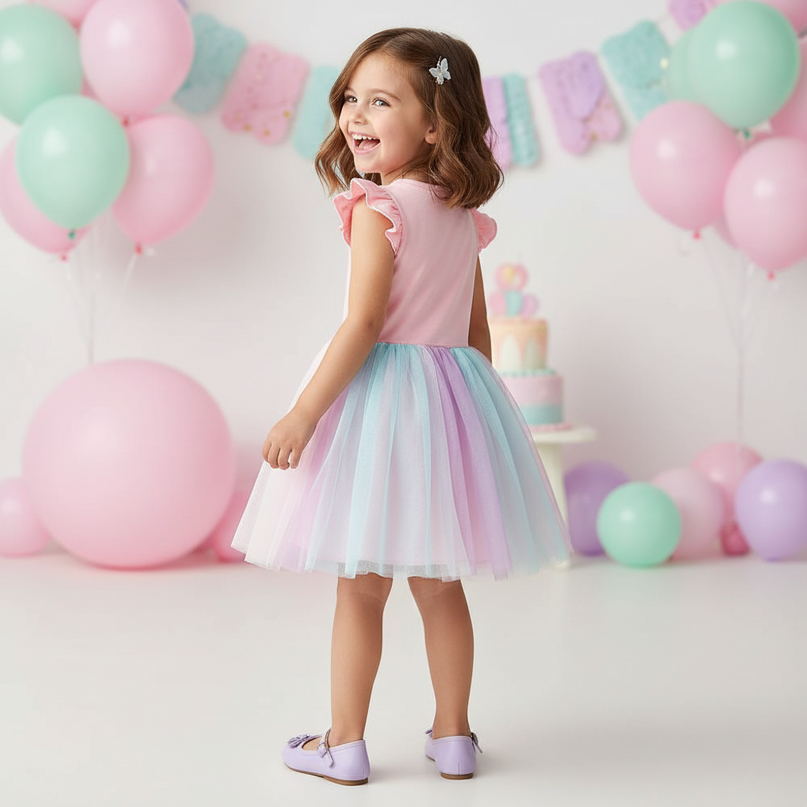 pink unicorn flutter sleeve tutu dress - back
