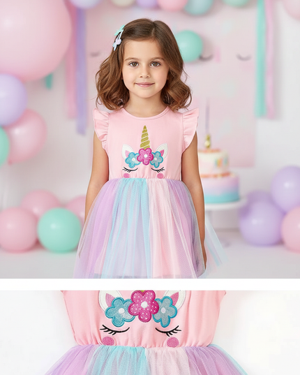 pink unicorn flutter sleeve tutu dress - detail