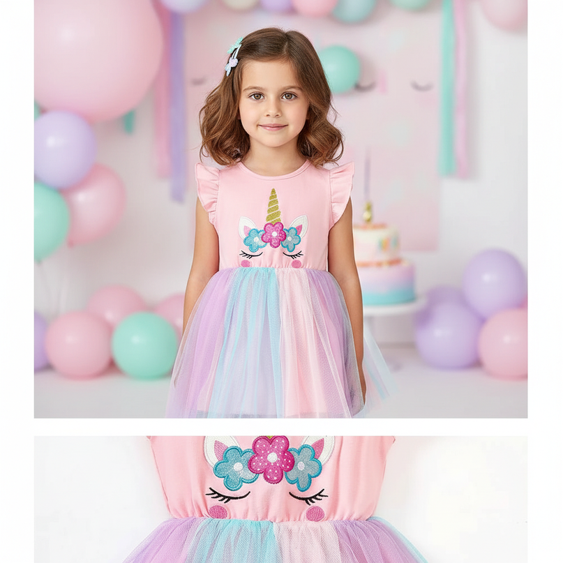 pink unicorn flutter sleeve tutu dress - detail