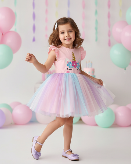 pink unicorn flutter sleeve tutu dress - front