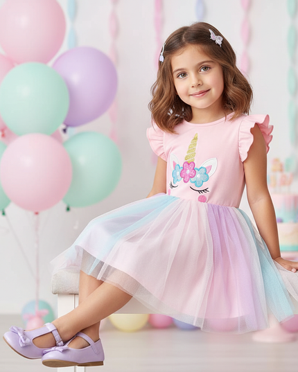 pink unicorn flutter sleeve tutu dress - sitting