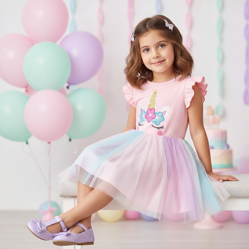 pink unicorn flutter sleeve tutu dress - sitting